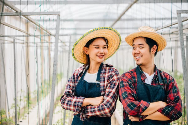 Tomatenzucht Mit Asiatischem Paar Selbstbewusste Bauern Verschränkten Die Arme Mit — Stockfoto