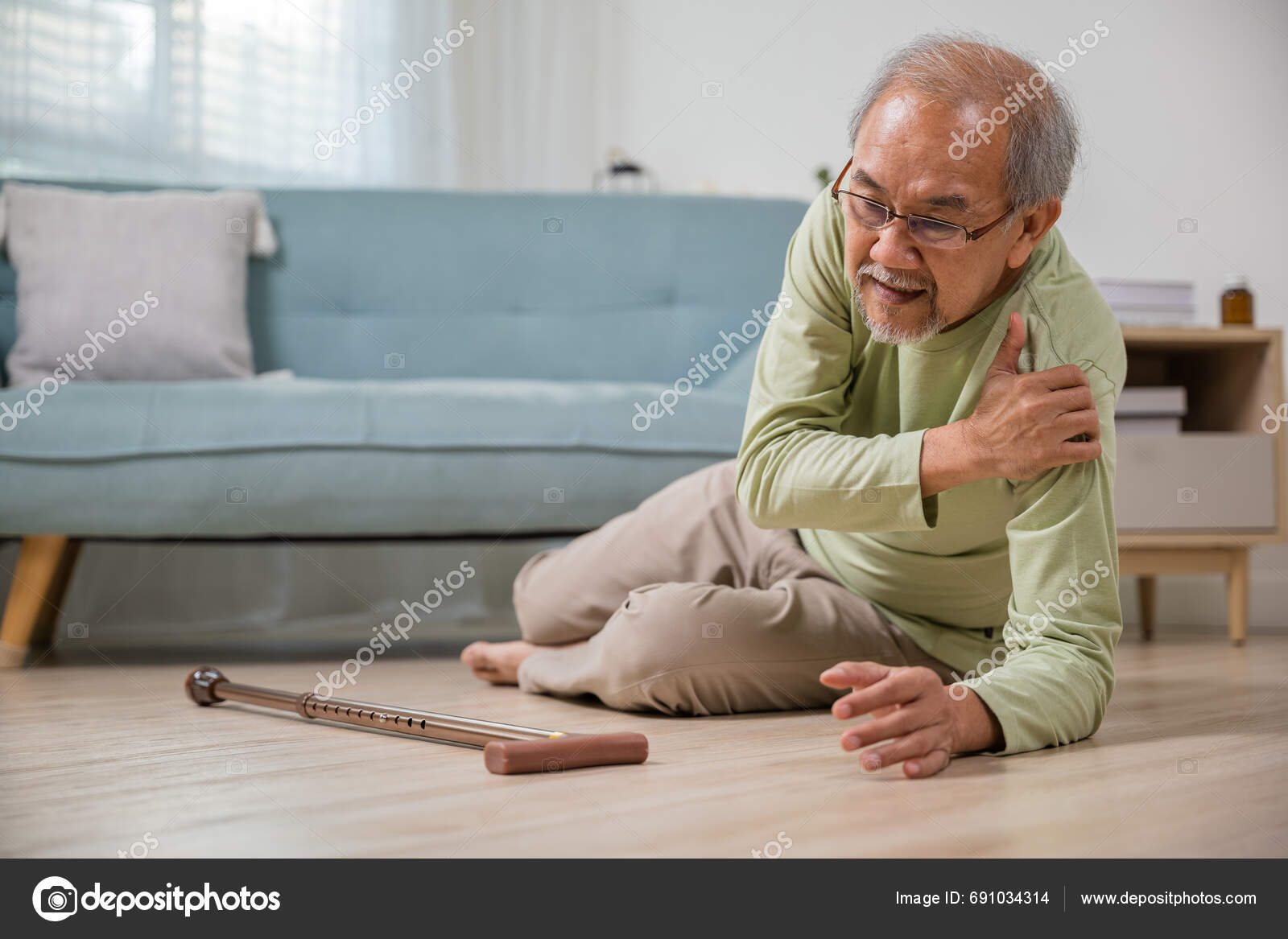 Older Senior Man Headache Lying Floor Falling Pain Hurt Osteoporosis