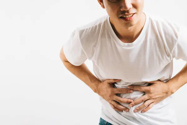 Joven Retrata Dolor Estómago Dolor Abdominal Simbolizando Malestar Digestivo Estudio —  Fotos de Stock