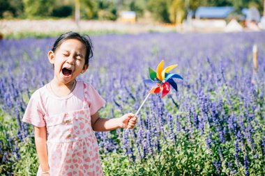 Mutlu bir kız çiçek bahçesinde oyuncak bir fırıldak ile duruyor. Baharın neşesi ve uçan fırıldak çocukluk mutluluğunu ve özgürlüğünü anımsatıyor güneşli doğa ortamında.