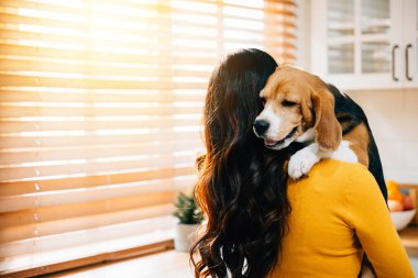 Mutfakta, bir kadın Beagle köpeğini omzunda tutar, etkileşimlerinde neşe bulur, avunur ve birlikte oynarlar. Arkadaşlıkları, güvenleri ve birliktelikleri çok iç açıcı..