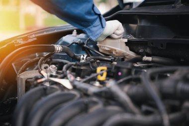 Otomobil soğutucu seviyesini, tamirini ya da bakımını kontrol edin. Erkekler, soğutulmuş sıvı motoru su ve soğutma sistemiyle doldurmak için depo ya da depo kapağını açmak için el ele tutuşuyorlar. Profesyonel tamirci araba motorunu kontrol ediyor.