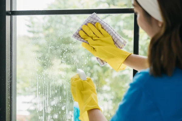 ハッピーメイドは オフィスの窓をきれいにするためにスプレーと布を使用しています 彼女の家事のルーチンは 純度衛生と透明な清潔さを強調し スポットレスの窓を確保する — ストック写真