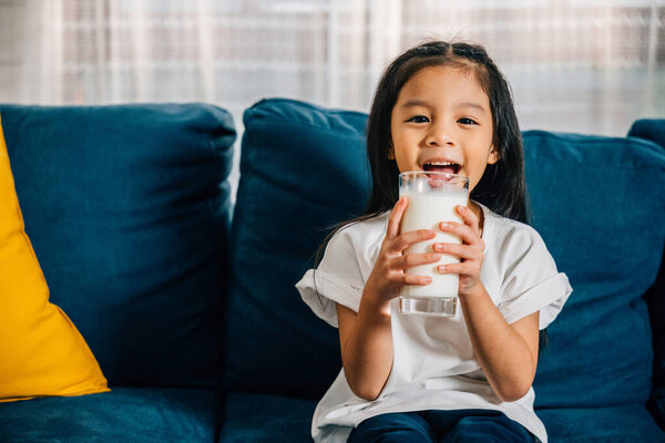 In a cozy apartment a cheerful Asian girl drinks milk from a glass while sitting on the sofa. This heartwarming picture emphasizes daily health care and the joyful innocence of childhood.