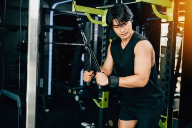 Genç adam kollarında ve omuzlarında kas ve güç oluşturmak için kablo trisepsleri çekiyor. Ağır topları maksimum çaba için kullanıyor. Üst vücut kuvveti egzersizi.