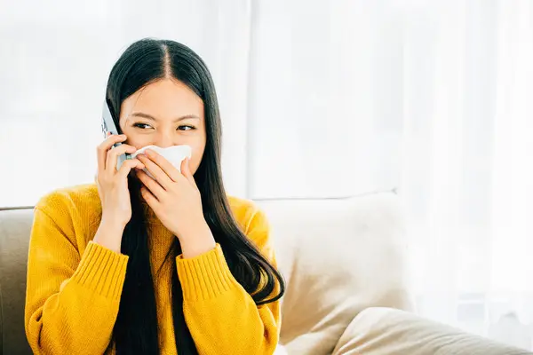 Seated Sofa Sick Woman Contacts Doctor Blowing Wiping Nose Sneezing — Stock Photo, Image