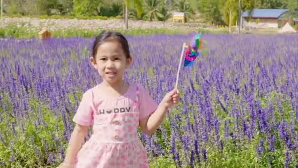 Ένα Χαρούμενο Κορίτσι Στέκεται Έναν Κήπο Λουλούδια Και Μια Ρόδα — Αρχείο Βίντεο