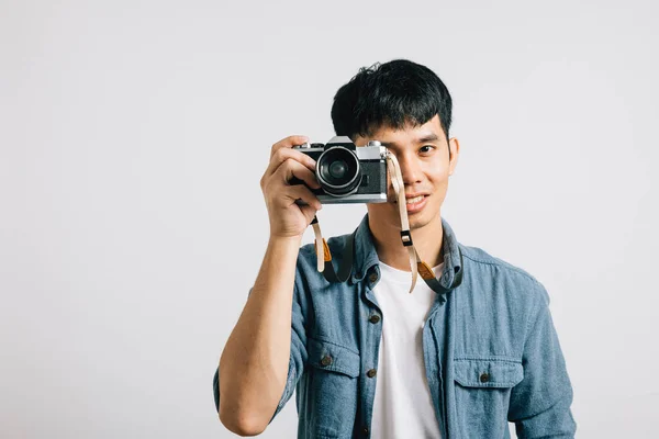 Excitement Fills Air Young Man Poses Vintage Camera Ready Photographed — Stock Photo, Image