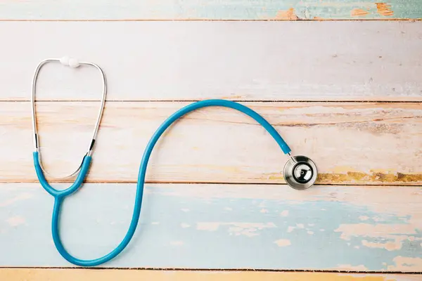 Top View Blue Medical Stethoscope Wooden Background Copy Space You — Stock Photo, Image