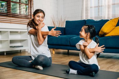 Bir anne ve kızı, aile spor salonundaki spor salonunda birlikte esnemeye ve yoga yapmaya odaklanarak birlikte güç ve mutluluk yaymaya çalışırlar..