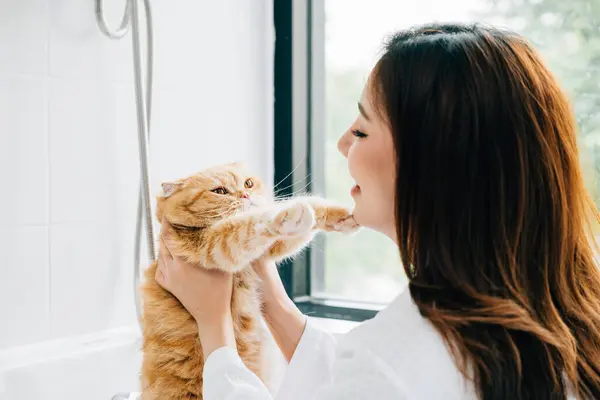 A clean and joyful bathroom scene, An adult woman lovingly holds her Scottish Fold cat during her bath, radiating pure owner-pet love.