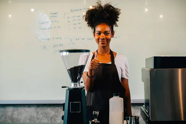 Coffee Shop Confident Black Woman Stands Counter Portrait Owner Successful — Stock Photo, Image