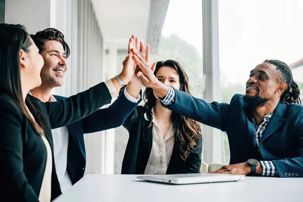 Corporate Setting Enthusiastic Group Business People High Fives Important Meeting — Stock Photo, Image