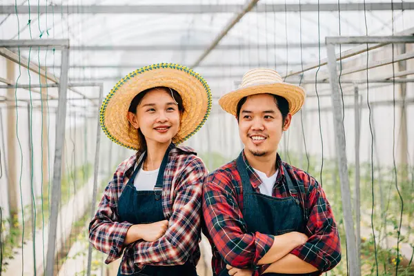 Fröhliche Asiatische Bauern Einer Tomatenfarm Paar Verschränkte Arme Die Gemüse — Stockfoto