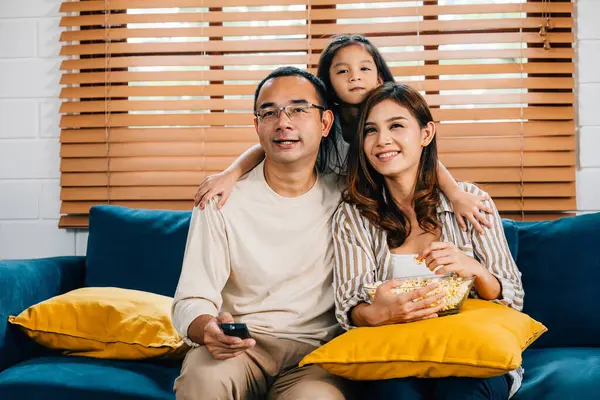Comfortable Living Room Family Enjoys Quality Time Watching Popcorn Father — Stock Photo, Image