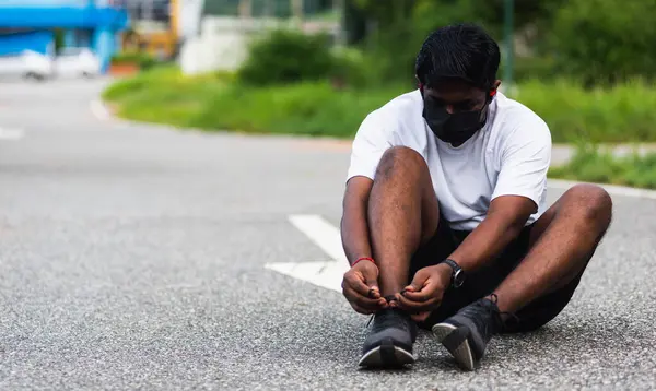 Close Asian Sport Runner Black Man Wear Watch Sitting Trying Stock Photo