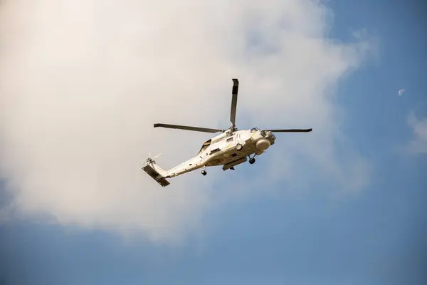 Modern Helicopter Flight Blue Sky New Engine Technology Rescue Transport Stok Foto