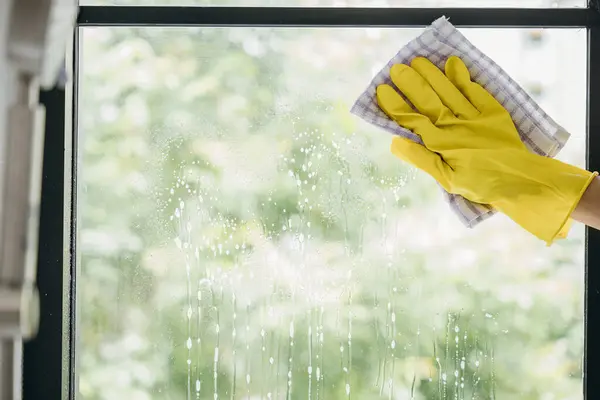 Happiness Young Woman Maid Sprays Wipes Office Windows Her Housework Stok Lukisan  