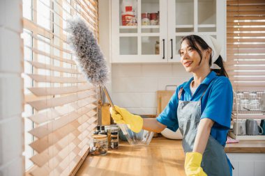 Gülümseyen Asyalı bir kadının portresi pencereleri siliyor. O, rutin ev işlerinin keyfini çıkarırken elinde tozlu duruyor. Modern temizlik mesleği hijyeni ve temizliği sağlar. çırp