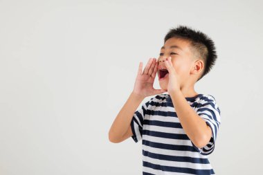 Asyalı mutlu çocuk portresi. El ele tutuşup konuşuyor. Haber bülteni stüdyosu, beyaz arka planda izole edilmiş Tayland ilkokulu çocuk duyurusu.