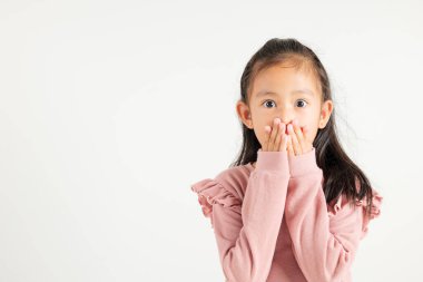 Asyalı portre genç kız şaşırdı. Ağzı beyaz arka planda yanlışlıkla örterek şok geçirdi. Anaokulu gizli konsepti.