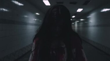 Bloody halloween makeup. Asian woman zombie with blood she death and scary at dark night in tunnel, Horror bloodthirsty ghost girl hair covering face and eye reach arm out, Happy halloween day concept