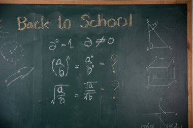 Matematik problemleri olan bir karatahta ve üzerinde okula dönüş yazıları yazılı. Tahta yeşil ve sol tarafında bir saat var.