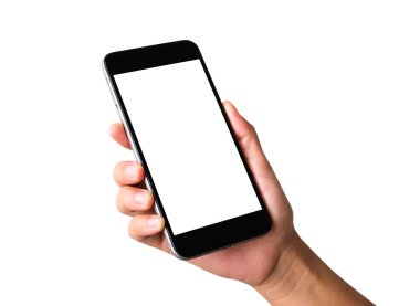 Akıllı telefonu beyaz ekranda tutan bir kadın. Kadın, modern cep telefonunu elinde tutuyor. Stüdyo çekimleri beyaz arka planda izole edilmiş, telefon ve ekranda kırpma maskesi izi var.