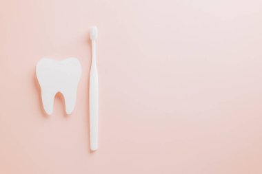 Dişçi Günü konsepti için pastel pembe üzerine bir kağıt diş ve diş fırçası. Dünya Dişçi Günü için ağız temizliği, diş bakımı ve diş sağlığının düz dizayn edilmesi.