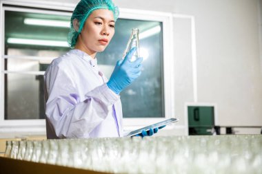 Bir içecek fabrikasında QC kadını, taşıyıcı banttaki maddeleri kontrol etmek için dijital tablet kullanır. Şişeleme hattındaki sıvı üretimini incelerken kalite kontrolü sağlar..