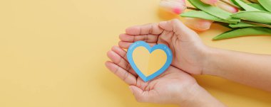 Down Sendromu Günü 'nde sarı arka planda tutulan sarı ve mavi kalp. Down Sendromu için farkındalığın artırılması ve dünya çapında Otizm Bilinci çabalarının desteklenmesi.