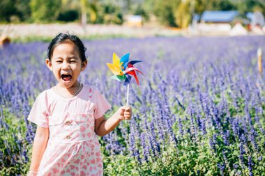 Neşeli küçük kız çiçek bahçesinde oyuncak bir fırıldak tutuyor. İlkbahar neşesi ve dönen fırıldak doğanın güneşli kucaklamasında çocukluk mutluluğunu ve özgürlüğü simgeler..