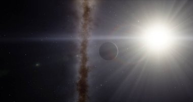Mars ve güneş uzayda, güneş Mars 'ta doğacak. Güneş ışınları ve 3D çizim arka planı, Evren. 