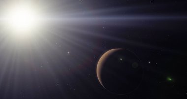 Mars ve güneş uzayda, güneş Mars 'ta doğacak. Güneş ışınları ve Mars 'a yolculuk. 3 boyutlu illüstrasyon arka planı, Evren. 