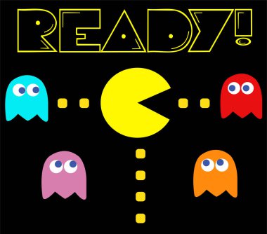 Pac-Man with his enemies vintage game theme clipart