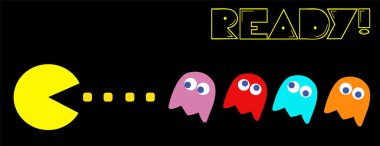 Pac-Man ve düşmanlarının klasik oyun teması