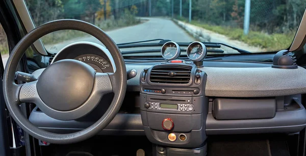 Car Steering Wheel Interior Background Modern City Car Elements Close — Stock Photo, Image