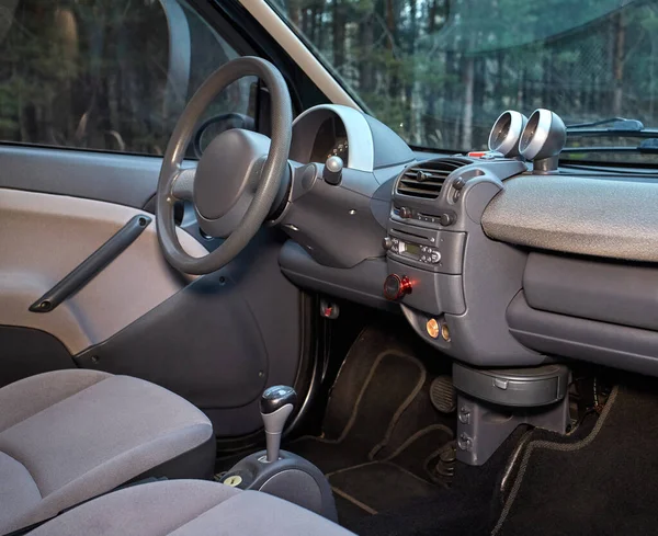 Car Steering Wheel Interior Background Modern City Car Elements Close — Stock Photo, Image