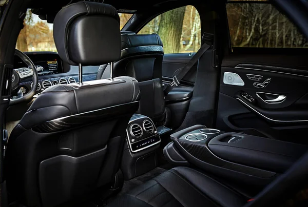 Modern Car Black Leather Interior Background Luxury City Car Photo — Stock Photo, Image