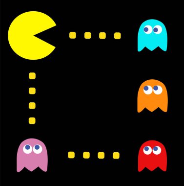 Pac-Man with his enemies vintage computer game theme, vector illustration. Retro computer game with Pac-Man, Pinky, Blinky, Inky and Clyde characters