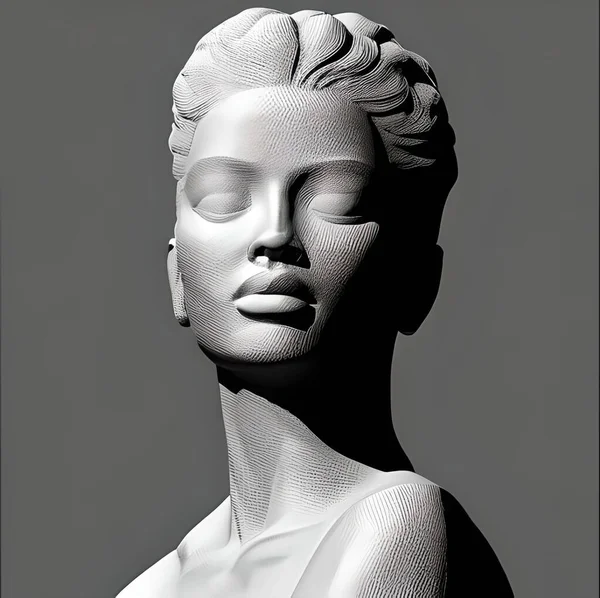 Mysterious black and white woman face sculpture close view illustration, female face drawing