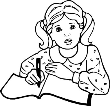Liseli kız yazıları, çalışmalar. Bir çizgi film çocuk karakteri çizimi, vektör illüstrasyonu