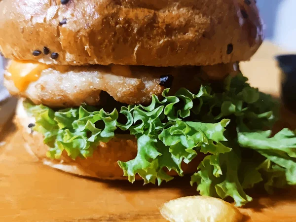 Hamburger Close View Burger Meal Vector Illustration Delicious Sandwich Fast — Stock Vector