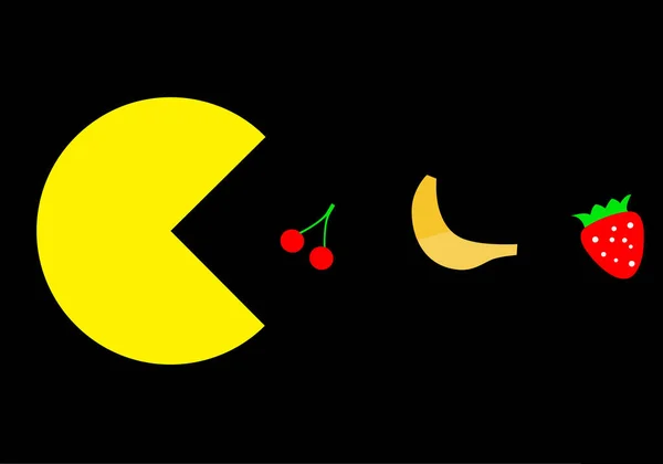 Vegetarian Pac Man Eats Fruit Famous Video Game Theme Vector — стоковый вектор