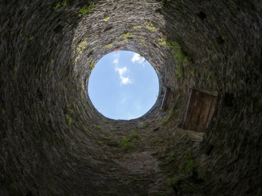 Taş kuyu çukuru, içeriden eski yapı, tuğla duvarlar ve mavi gökyüzü arka planı, kuyu kavramına göre çöker.