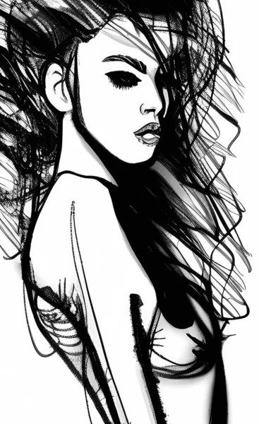 Genç Kadın Tasviri Fantezi Kız Portresi Kalem Çizimi Genç Bayan — Stok fotoğraf