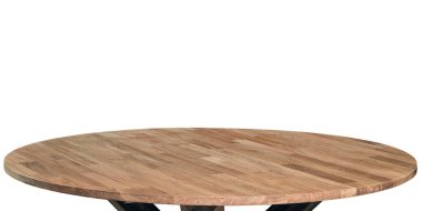 Wooden dinner table surface. Natural wood furniture close view. Tabletop isolated over white background. Solid wood dinner table top for video or photo production