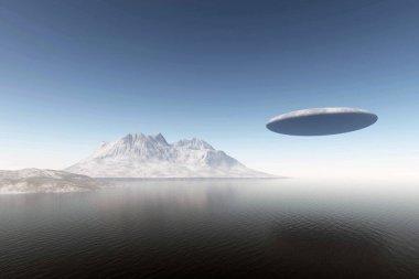 UFO uçan deniz yüzey, doğal dağ arka plan üzerinde uzaylı. 3D çizim