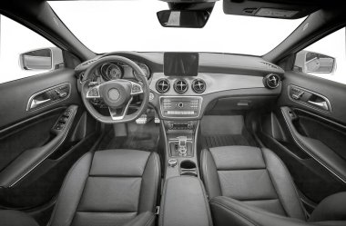 Inside moden car background, luxury car interior elements wallpaper. Empty car with no outside background. Black leather car interior