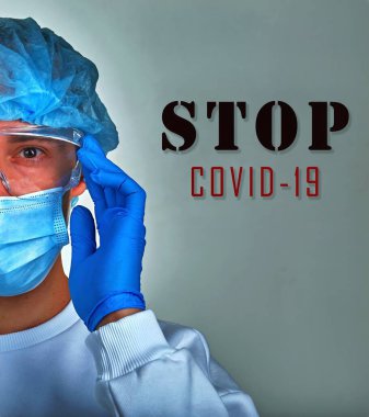 Coronavirus 'u, tıbbi geçmişi, duvar kağıdını durdurun. Coronavirus hastalığı COVID19, hastane, karantina, analiz konsepti. Doktor portresi